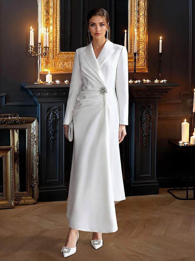  Suknia Blazer A-Linie Elegancka Suknia Wieczorowa Tuxedo Suknia Formalna Gościa Weselnego Do Ziemi Długie Rękawy Dekolt w Sercu Satyna z Kryształkami
