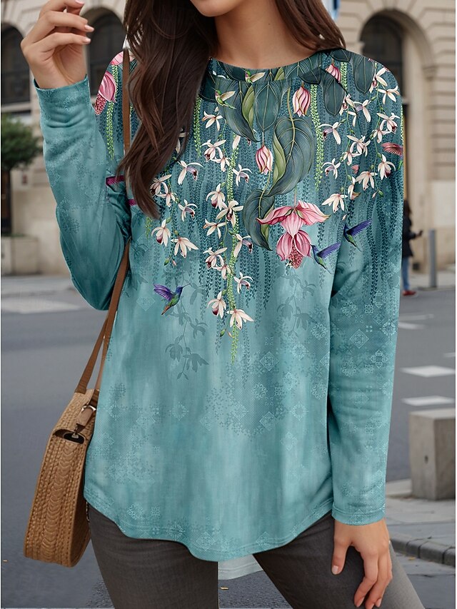 Women's T Shirt Floral Casual Long Sleeve Crew Neck Long Tops Daily Print Blue Fall Winter4