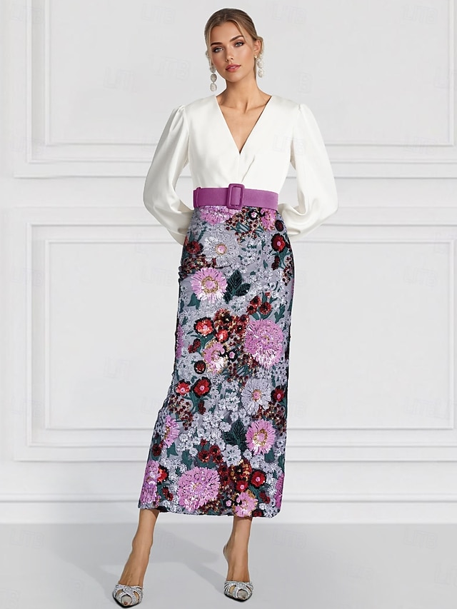  Paarse Gecoate Sheath  Kolom Avondjurk Elegante Jurk Formele Bruiloft Enkellengte Lange Mouw V-Hals Riem met Splits Borduurapplicaties Jurken