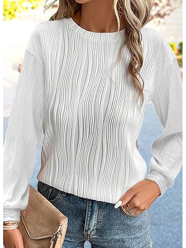  Women's Shirt Blouse Solid Color Basic Casual Long Sleeve Crew Neck Regular Tops Daily Patchwork Black White Beige Fall Winter