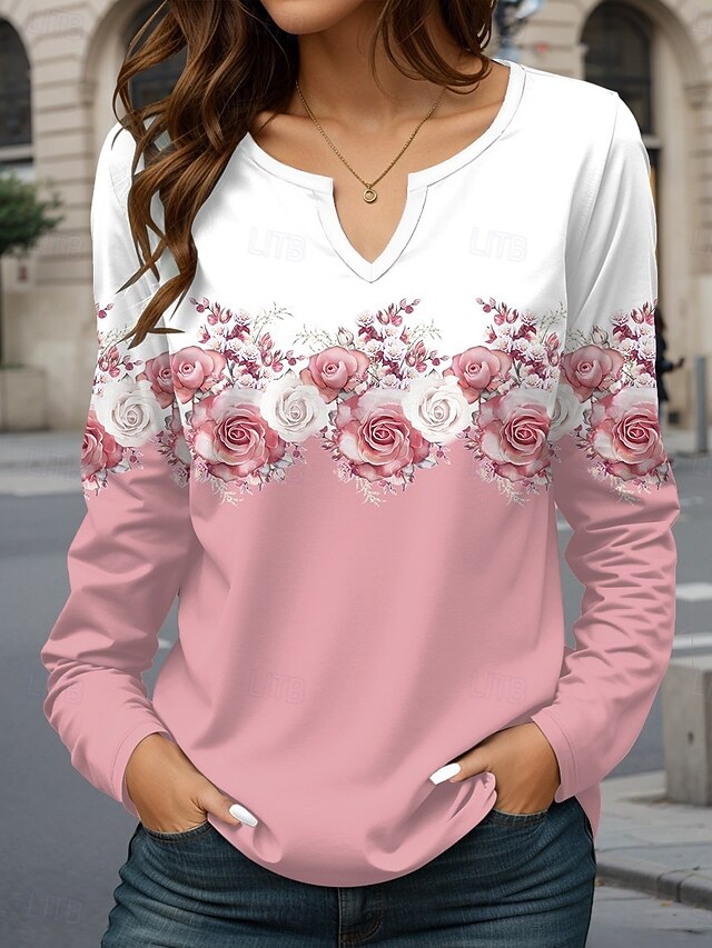 Women's T Shirt Floral Casual Long Sleeve Notched Neck Regular Tops Daily Print Pink Spring Fall4