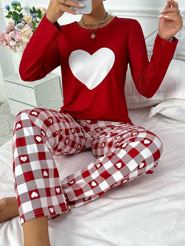  Dam Pyjamas set Ledigt Komfort Comfrt Hjärta Rutnät / Pläd T-shirt Byxa Hem Långärmad Rund hals Rubinrött Vår Höst Vinter