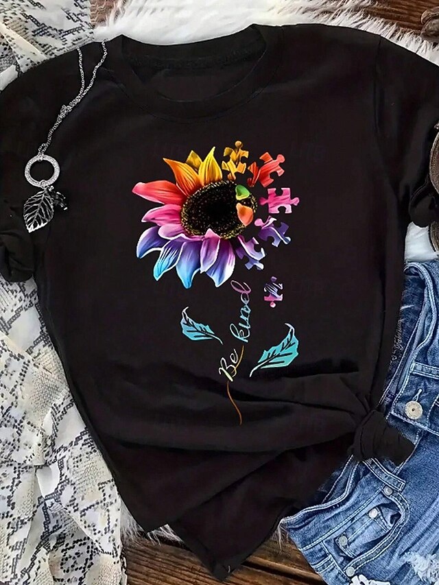 Women's 100% Cotton T Shirt Casual Floral Regular Tops Short Sleeve Round Neck Print Regular Fit Daily Black Summer4