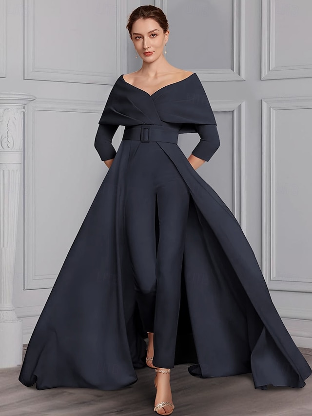  Twee-delige Jumpsuit Moeder van de Bruid Formele Bruiloft Gast Elegante Feest Scoop Hals Off Schouder Enkele Lengte Rekbare Stof 3/4 Lange Mouw met Ceintuur  Riem 2025