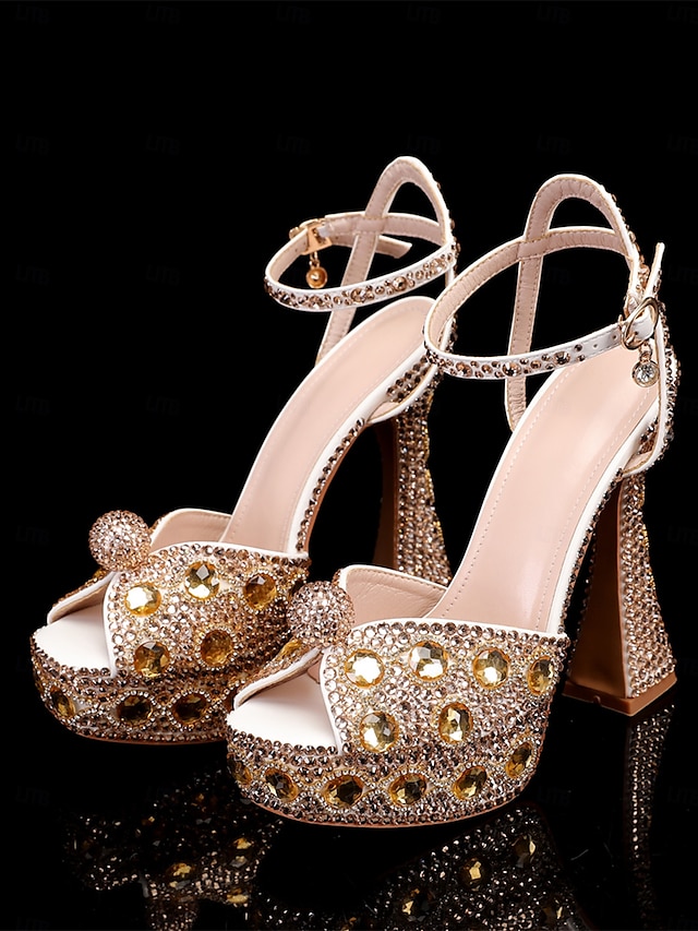  Women's Glamorous Crystal-Embellished Platform Sandals with Ankle Strap | Perfect for Weddings and Special Occasions