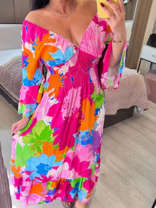  Femme Robe Maxi Robe casual Robe Évasée Robe Trapèze Décontractées du quotidien Standard Floral Manches 3/4 Col V Rose Claire Bleu Vert Eté Printemps Automne