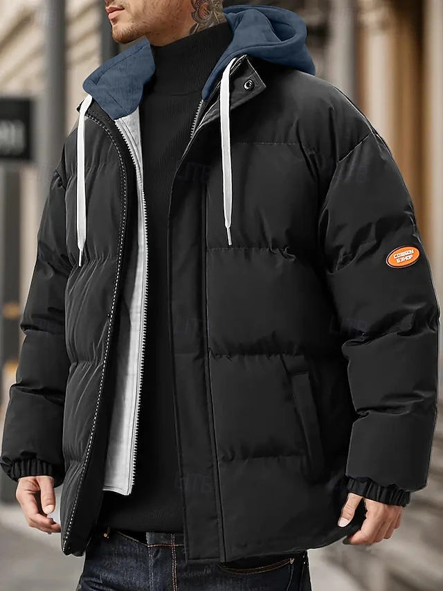 Men's Winter Jacket Puffer Jacket Padded Hooded Fake two piece Polyster Pocket Sports Outdoor Regular Fashion Casual Thermal Warm Windproof Winter Plain Black Blue Beige Puffer Jacket 9