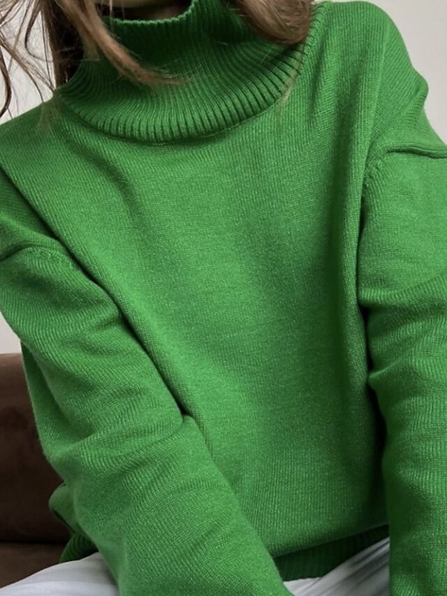  Femme Pull Chandail Décontractées Flexible Couleur monochrome A côtes Col Roulé Tricoté manche longue Hauts réguliers Tricoter Extérieur du quotidien Fin de semaine Rouge Vert Automne Hiver