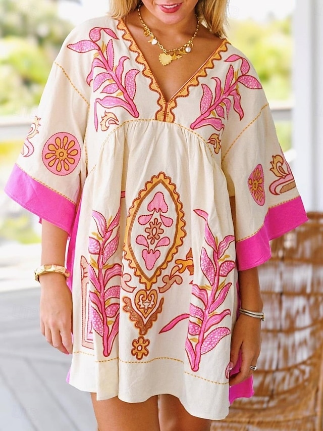  Damskie Sukienka mini Codzienne sukienki Sukienka Boho Bohema Zabytkowe Codzienny Urlop Codzienny Regularny Kwiaty Rękaw 3/4 W serek Fuksja Pomarańczowy Zielony Wiosna Jesień