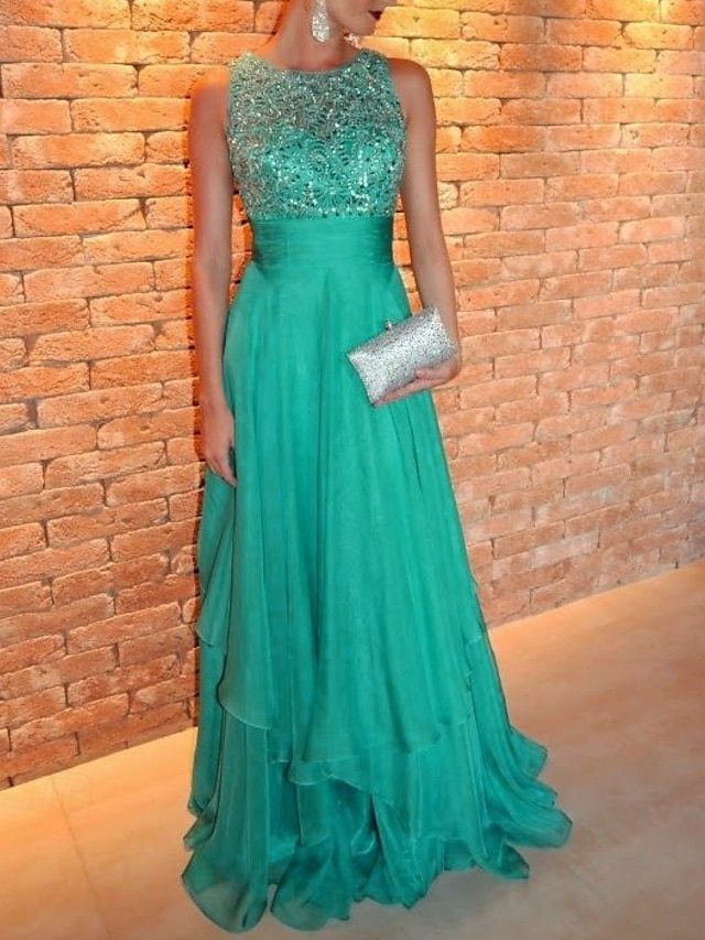  A-Line Evening Gown Elegant Dress Formal Wedding Guest Sweep / Brush Train Sleeveless Jewel Neck Chiffon with Rhinestone 2025
