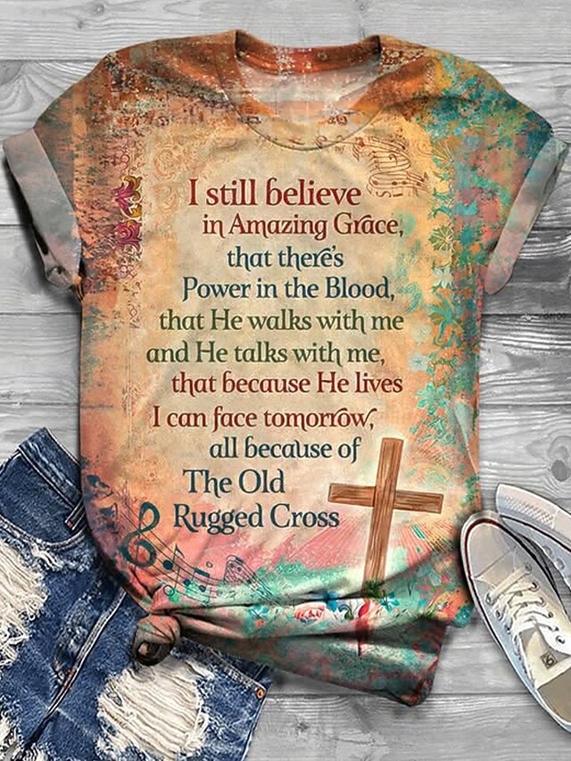 Women's T Shirt Tie Dye Letter Casual Short Sleeve Round Neck Regular Tops Daily Print Orange Summer4