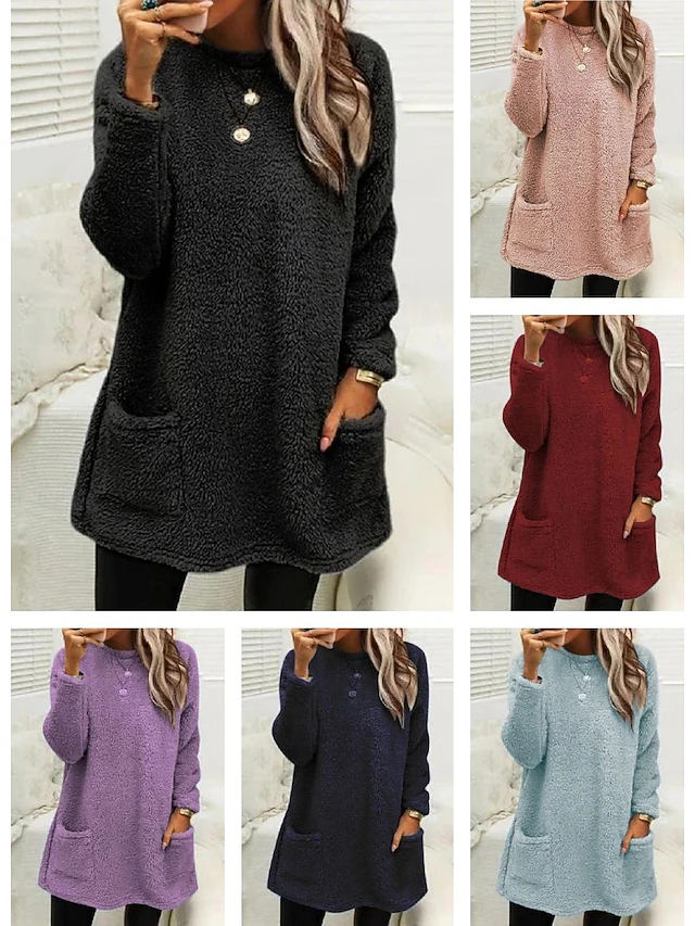 Women's Sweatshirt Pullover Sherpa Fleece Teddy Pocket Marron Black Blue Solid Color Street Casual Round Neck Long Sleeve Fleece S M L XL 2XL 3XL 24
