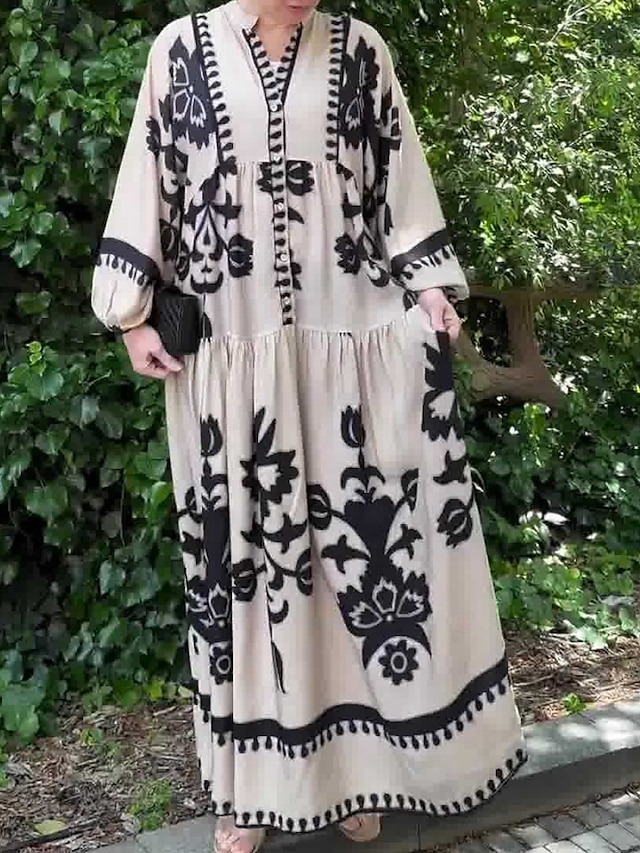  Women's Maxi Dress Casual Dress Swing Dress Boho Dress Vintage Ethnic Casual Vacation Daily Regular Fit Floral Long Sleeve Notched Neck Black White Spring Fall