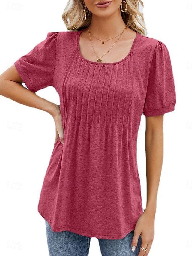  Damen Hemd Bluse Feste Farbe Basic Brautkleider schlicht Kurzarm Rundhalsausschnitt Normale Oberteile Täglich Rüschen Weiß Wein Marineblau Sommer Frühling
