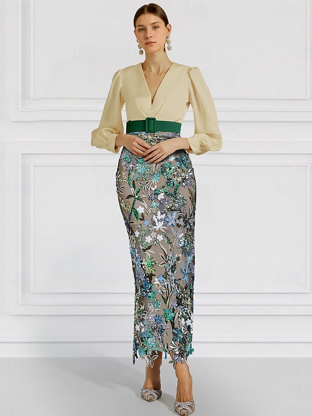  Sheath  Kolonne Kveldsdrakt Elegant Kjole Formell Bryllup Ankellengde Lange Ermer V-Krage Belte  Sash Paljett med Slisse Broderi Applikasjoner