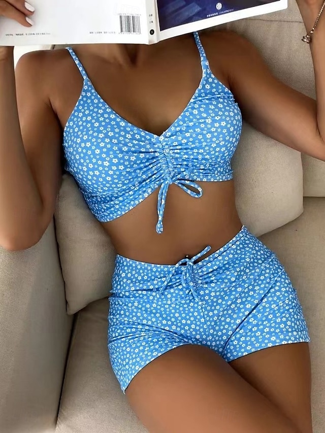  Dámské Plavky Bikiny 2 ks Kraťasy Plavky Volná záda Štíhlý prázdniny Oblečení na pláž Květinový Krk ohlávky Bez rukávů Plavky