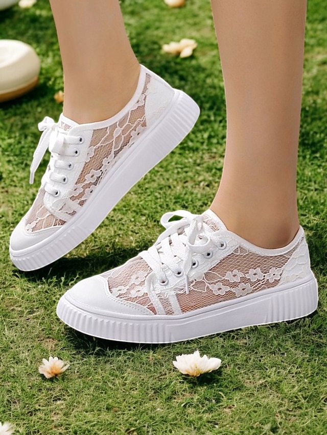  baskets de mariage en dentelle florale pour femmes – chaussures de mariée décontractées avec semelle confortable et design à lacets