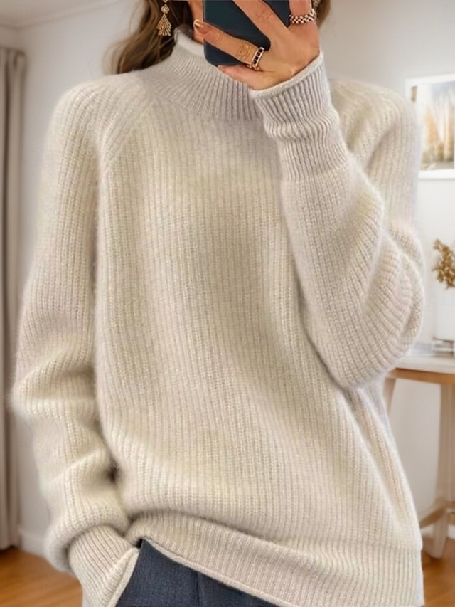  Dames Trui Casual Zacht Heldere kleur Geribd Coltrui Gebreid Lange mouw Normale tops breien Buiten Dagelijks Weekend Geel Blozend Roze Herfst Winter