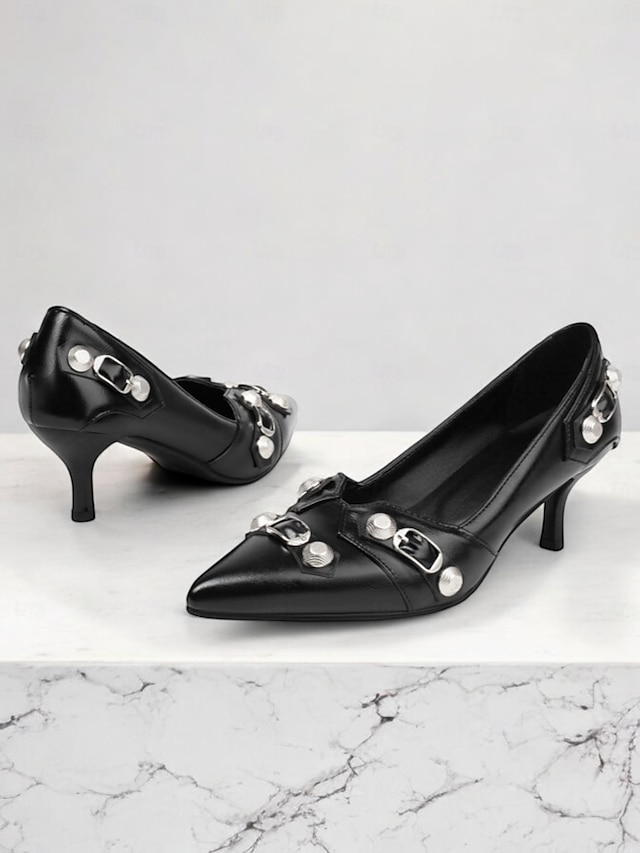  pantofi de damă eleganti din piele artificială neagră | împodobit cu nit, perfect pentru lucru și petreceri