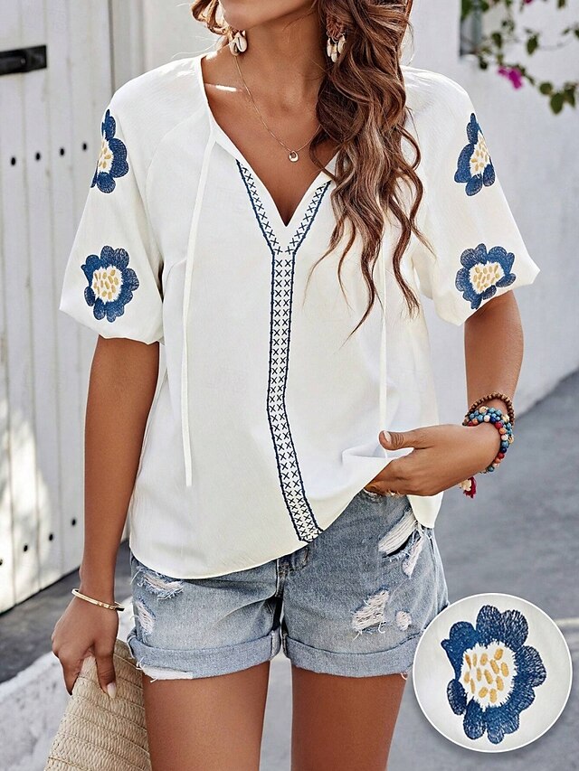  Damen Hemd Bluse Blumen Stilvoll Brautkleider schlicht Kurzarm V Ausschnitt Normale Oberteile Täglich mit Schnürung Bestickt Weiß Marineblau Sommer Frühling