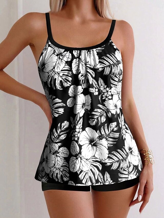 Women's Swimwear Tankini 2 Piece Boy Leg Swimsuit Backless High Waist Vacation Beach Wear Floral Leaves Round Neck Sleeveless Bathing Suits4