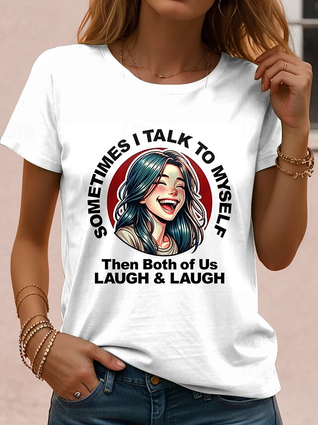 Women's T Shirt Cartoon Casual Short Sleeve Round Neck Regular Tops Daily Print White Summer4