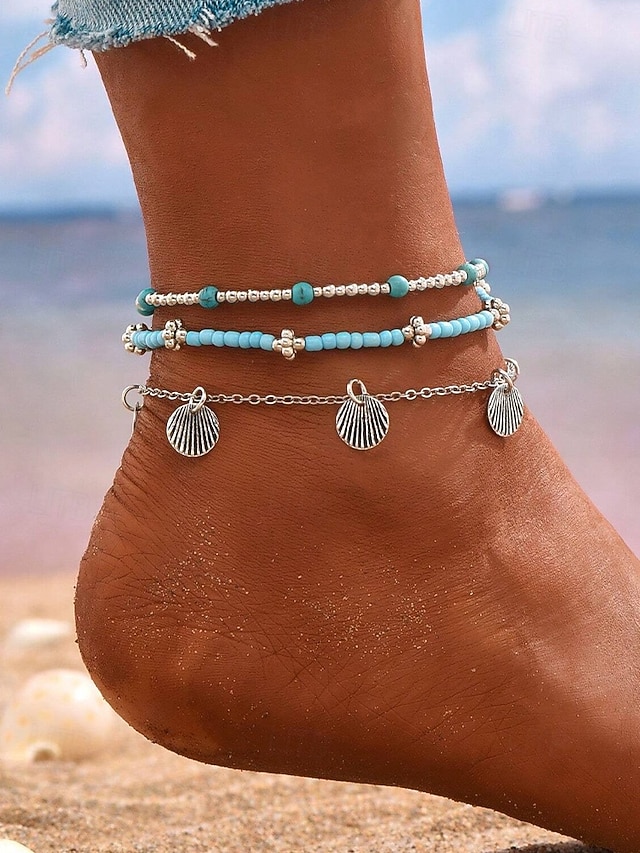  Set de glezne boho în straturi, cu mărgele turcoaz și brelocuri de scoici – bijuterii inspirate de plajă pentru femei, perfecte pentru ținute de vară și de vacanță