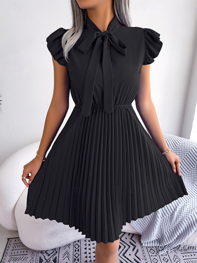  Women's Casual Dress A Line Dress Stylish Basic Casual Plain Mini Dress Sleeveless Stand Collar Tie Front Pleated Ruffle Regular Fit Vacation Daily Black Wine Summer Spring