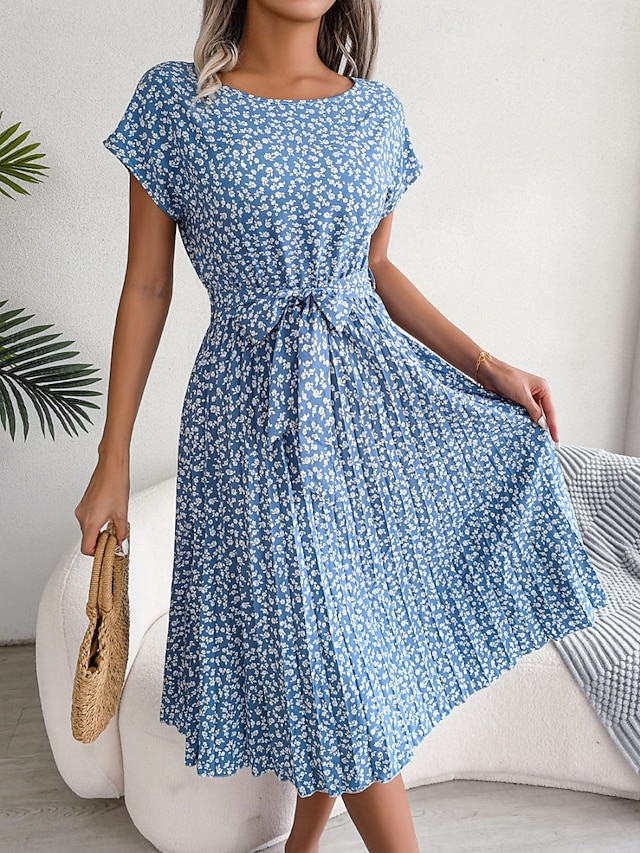  Women's Midi Dress Casual Dress A Line Dress Stylish Casual Vacation Daily Regular Fit Floral Short Sleeve Crew Neck Pink Light Blue Summer Spring