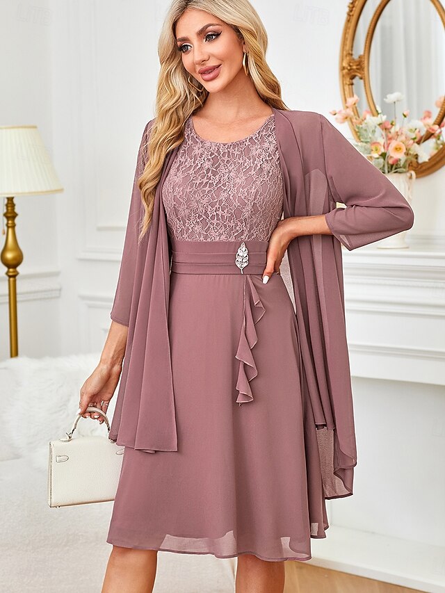  Femmes Robe Longueur Genou Robe Ensemble Robe d'invité de mariage Robe en dentelle blanche avec manches Robe avec veste Élégant Formel robe demoiselle d honneur Cocktail Coupe régulière Uni Manche 3/4