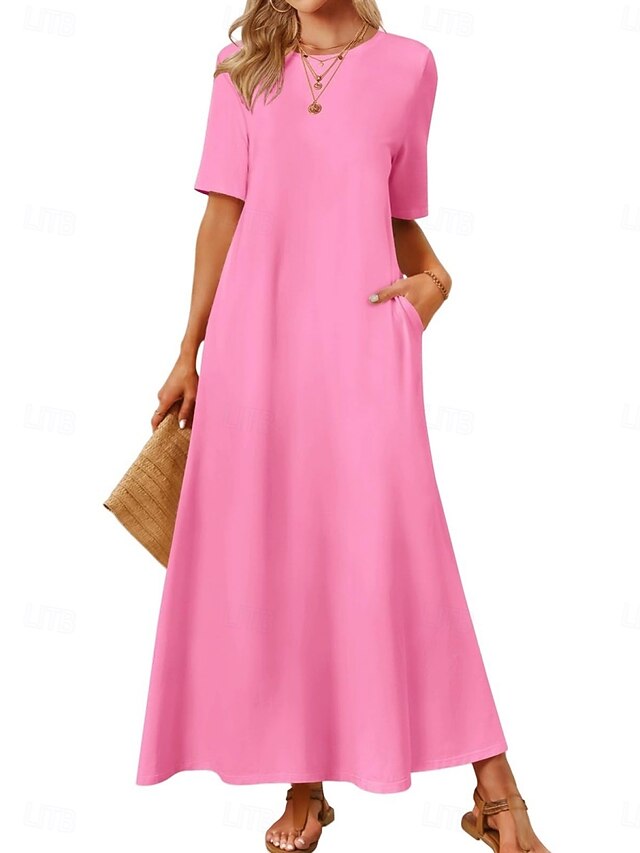 Women's Maxi Dress Casual Dress A Line Dress Stylish Basic Casual Vacation Daily Regular Fit Plain Short Sleeve Crew Neck Pink Blue Dark Green Summer Spring4