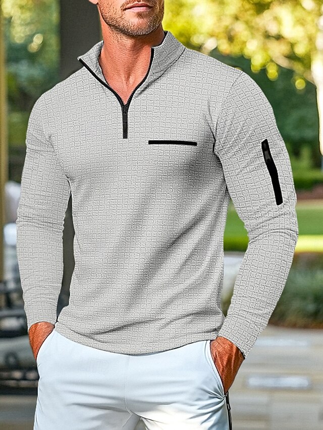  Men's Waffle Polo Shirt Pullover Home Sports Outdoor Daily Wear Quarter Zip Long Sleeve Fashionable and Comfortable Color Block Zipper Pocket Spring and Autumn Cross-season Classic Style
