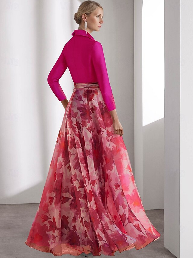 Elegant A-Line Shirt Collared 3/4 Sleeves Satin Floor-Length Mother of the Bride Dress