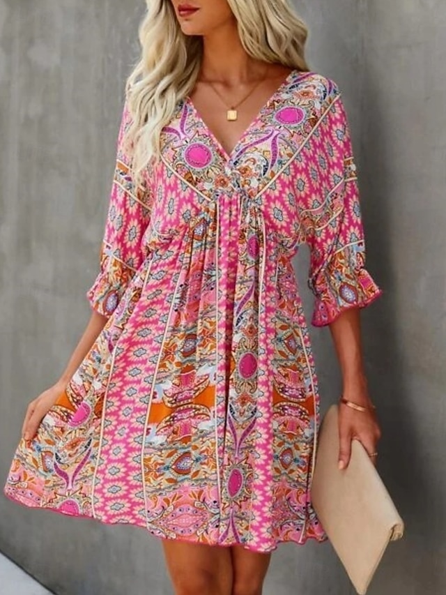  Dam Mini klänning Vardagsklänning Swingklänning A linjeklänning Boho-klänning bohemliv Vintage Ledigt Dagligen Normal Blommig Halvlång ärm V-hals Rodnande Rosa Blå Kaki Sommar Vår Höst