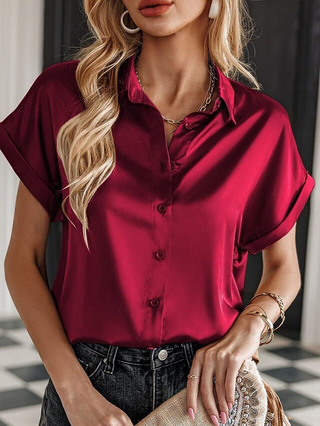  dámská valentýnská košile halenka business jednobarevné běžné topy krátký rukáv košile límeček knoflíky normální střih pracovní formální moderní běžné nošení červená zelená šedá léto