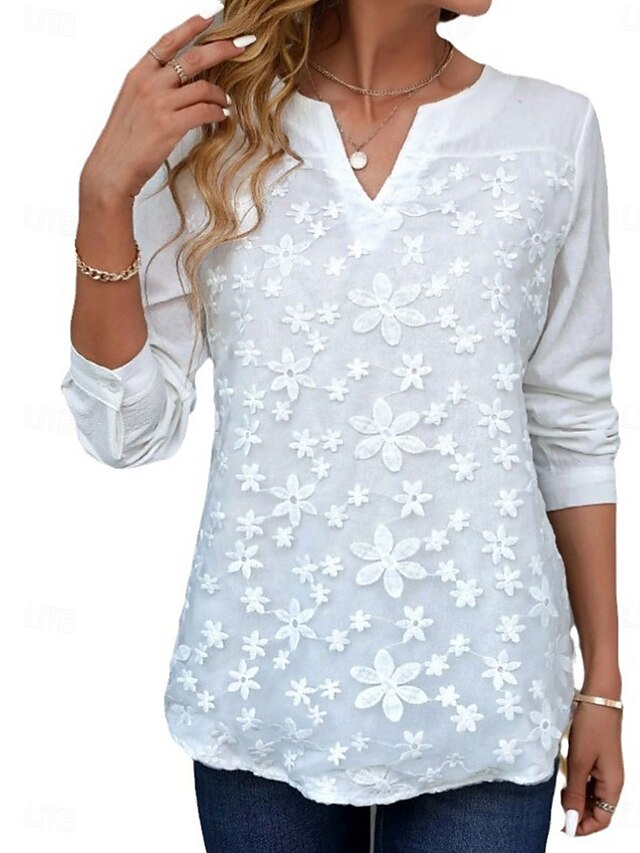 Women's White Elegant Lace Tops Eyelet Blouse Floral Daily Stylish ...