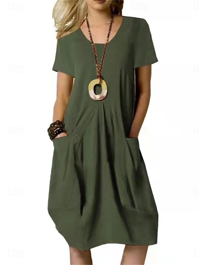  Women's Mini Dress Cotton Linen Dresses Casual Dress Stylish Basic Casual Vacation Daily Regular Fit Plain Short Sleeve V Neck Black Khaki Army Green Summer Spring