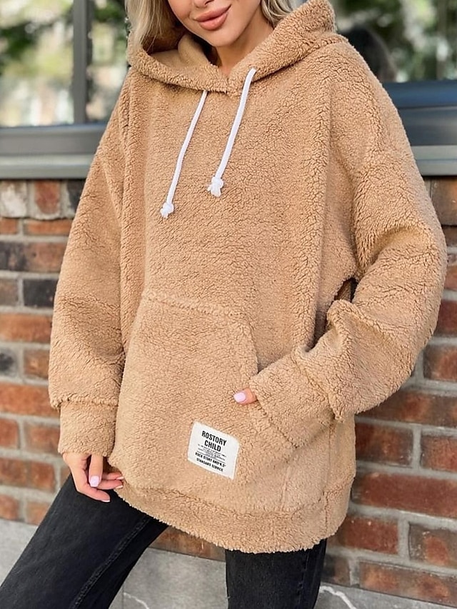  Mulheres Pulôver Moletom Com Capuz Tecido Quente Roupa de rua Casual Manga Longa Com Capuz Tops regulares Casual Patchwork Preto Verde cáqui Primavera Outono Inverno