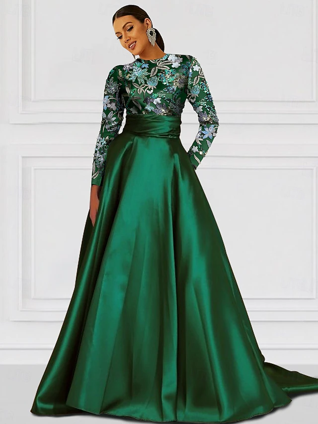 A-Line Evening Gown Elegant Dress Formal Wedding Floor Length Long Sleeve Jewel NeckMother Of the Bride Dress Satin with Slit Embroidery Appliques 8