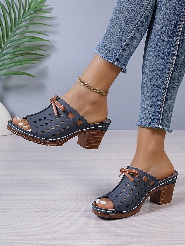 Women's Comfortable Blue Perforated Faux Leather Block Heel Sandals with Bowknot - Perfect for Summer 16