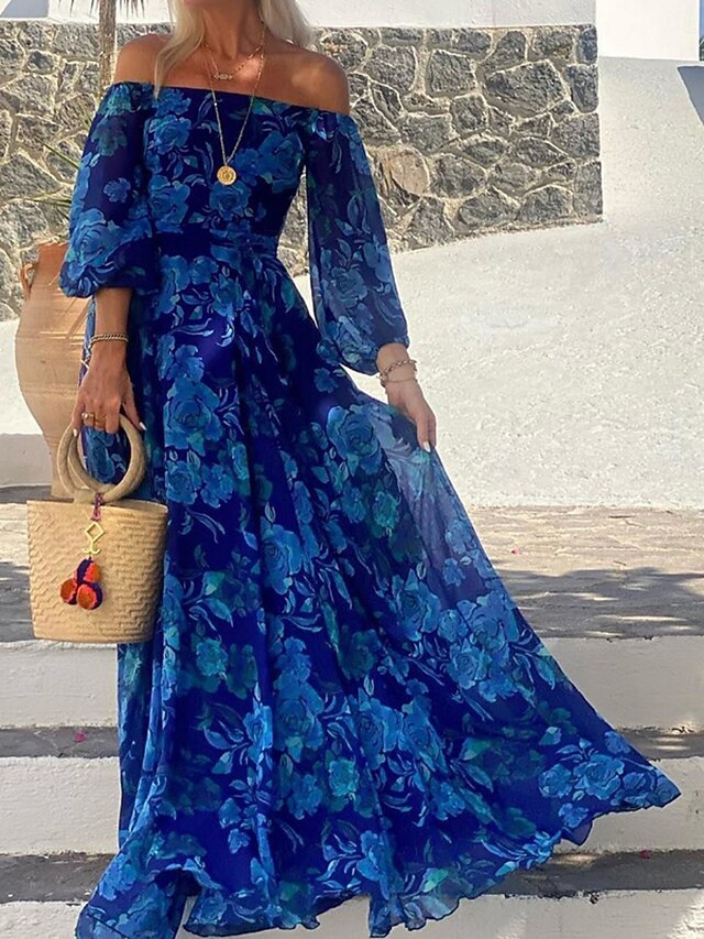Women's Floral Off Shoulder Maxi Dress Long Sleeve Summer Spring4