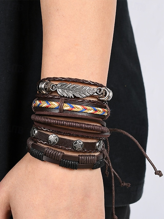  bracciale vintage da uomo in pelle multistrato con ciondoli a forma di piuma e stella, cinturini regolabili per abbigliamento casual, accessori in stile boho per feste e regali