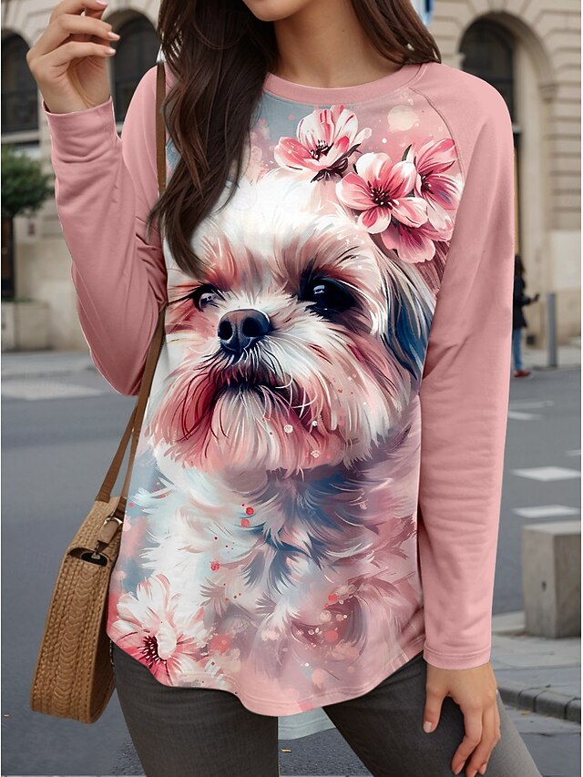 Valentine Women's Funny T Shirt Casual Floral Dog Long Tops Long Sleeve Crew Neck Print Regular Fit Daily Pink Fall Winter4