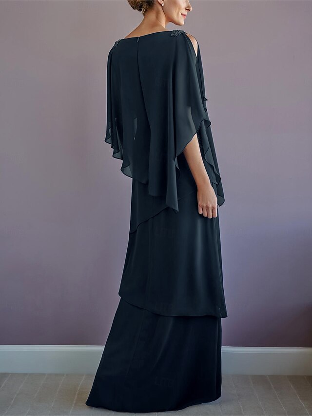 A-Line Mother of the Bride Dress Kentucky Derby Dresses Formal Wedding Guest Elegant Bateau Neck Ankle Length Chiffon 3/4 Length Sleeve with Beading Sequin