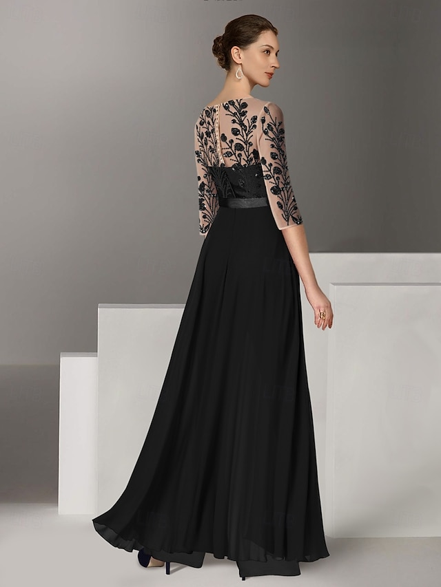  Jumpsuits Moeder van de Bruid Strand Bruiloft Elegante Illusion Hals Vloerlengte Rekbare Chiffon 3/4 Lengte Mouw met Kant Effen Kleur