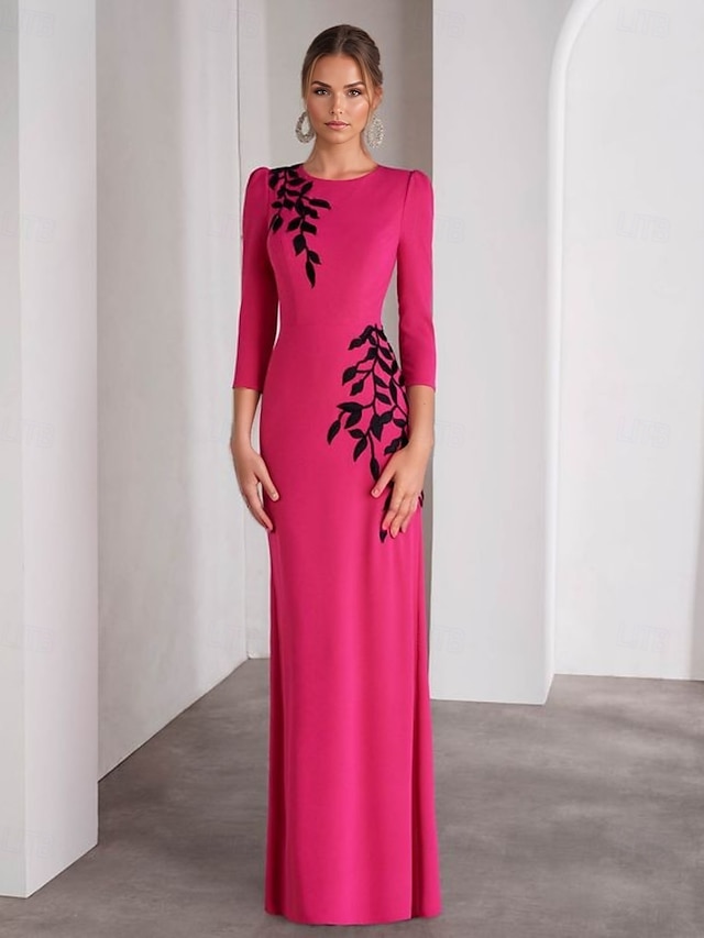  abito da sera sirena / tromba elegante abito formale matrimonio lunghezza pavimento manica 3/4 scollo gioiello crêpe elasticizzato con applicazioni ricamate 2025