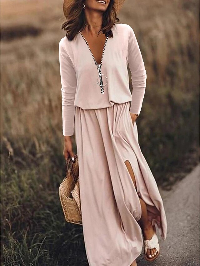 Women's Maxi Dress Casual Dress A Line Dress Stylish Casual Vacation Daily Regular Fit Plain Letter Long Sleeve V Neck White Pink Khaki Spring Fall4