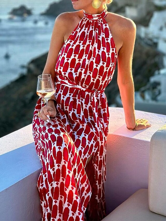 Women's Graphic Print Halter Neck Long Dress Maxi Dress Casual Wedding Party Sleeveless Summer Spring2