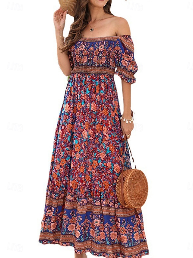  Dame Maxikjole Uformell kjole Boho elegante kjoler Boho-kjole Bohem søt stil Stilfull Feriereise Daglig Strand Løstsittende Grafisk Kortermet Løse skuldre Rød Blå Grønn Sommer Vår Høst
