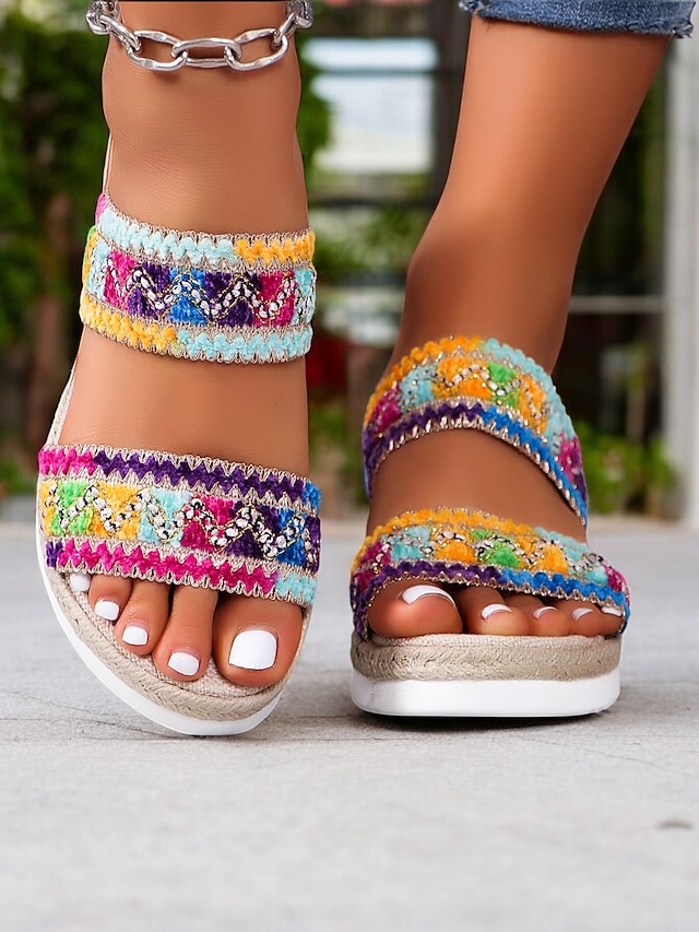  Women's Bohemian Wedge Sandals – Colorful Embroidered Slip-On Platform Shoes for Summer, Beach, and Casual Wear